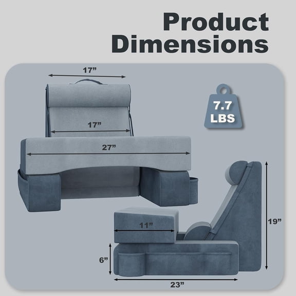 3-in-1 Reading Pillow with Adjustable Lumbar Support & Lap Desk, Gray Wedge Bed Rest for Surgery Recovery