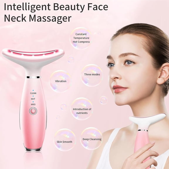3-in-1 Rechargeable Facial & Neck Massager with Heat - Face Sculpting Tool for Skin Care, Vibration Massage, Lymphatic Drainage & Anti-Aging, USB Portable for Home & Travel, Pink