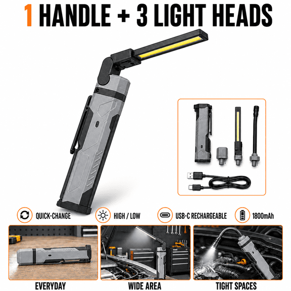 3-in-1 Rechargeable LED Work Light, 1 Handle with 3 Quick-Change Heads, Folding COB Lamp, Flexible Gooseneck Inspection Light and Compact Flashlight, USB-C Charging, 1800mAh Battery