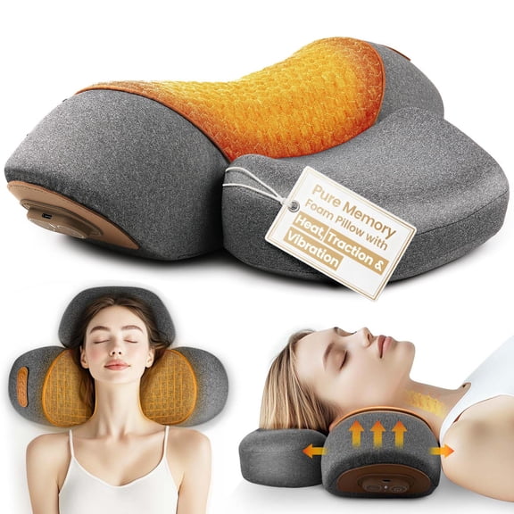 3-in-1 Rechargeable Neck Massager Pillow with Heat, Vibration & Traction, Deep Tissue Pain Relief, Neck Hump Corrector & Cervical Support for Home Office Travel