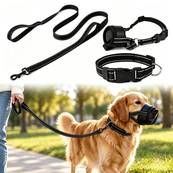 3‑in‑1 Reflective Dog Training Set,Anti‑Bite Muzzle, Collar & Leash for Night & Daily Walks