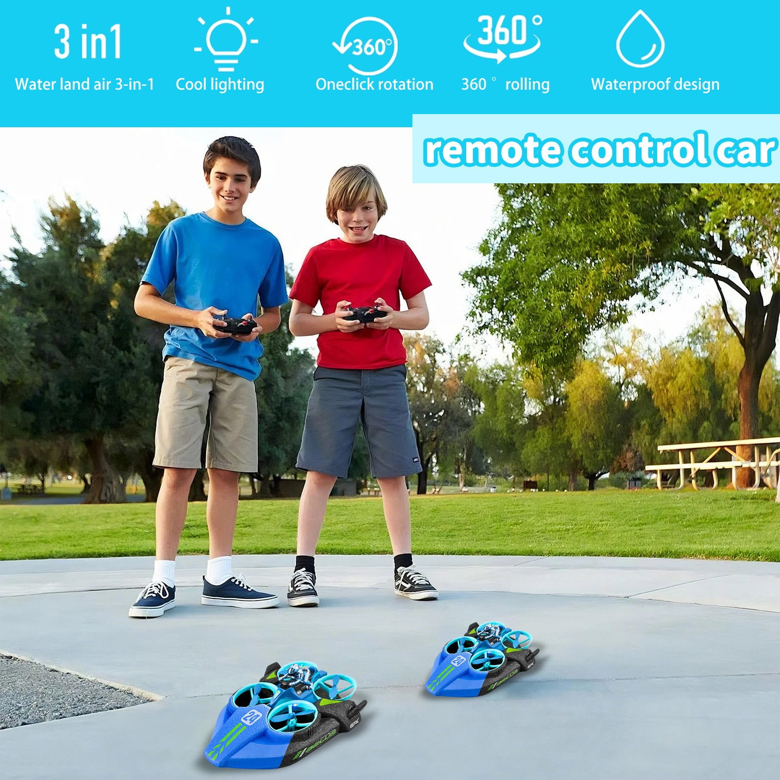 3-in-1 Remote Control Hovercraft, Sea Land Air RC Drone Drift Car, Quadcopter (Batteries Not Included for Remote), Blue