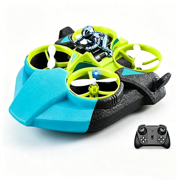 3-in-1 Remote Control Hovercraft – Sea Land Air RC Drone Drift Car, Quadcopter (Batteries Not Included for Remote), Green, Multi-Terrain Fun