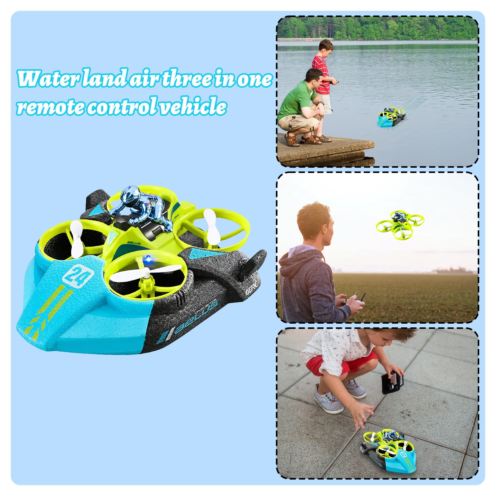 3-in-1 Remote Control Hovercraft, Sea Land Air RC Drone Drift Car, Quadcopter (Batteries Not Included for Remote), Green