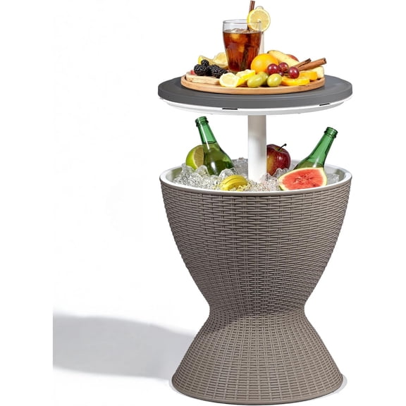 3-in-1 Resin Ice Bucket & Beverage Cooler Wood Look Patio Table, UV Protection & Drain Plug for Outdoor Parties, Bars, and Poolside Use