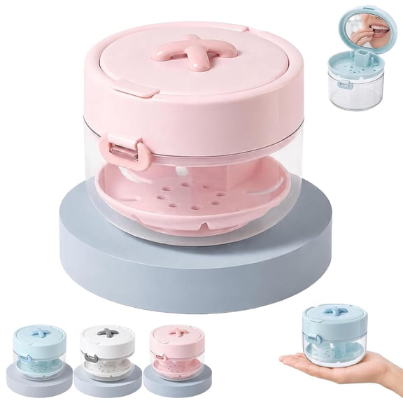 3-in-1 Retainer Case with Built-in Mirror and Cleaning Brush, Portable Aligner Denture Storage Box with Removable Drain Basket, Mouth Guard Cleaning Container for Travel Daily Oral Care (Pink)