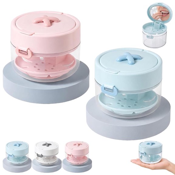 3-in-1 Retainer Case with Built-in Mirror and Cleaning Brush, Portable Aligner Denture Storage Box with Removable Drain Basket, Mouth Guard Cleaning Container for Travel Daily Oral Care (Pink + Blue)