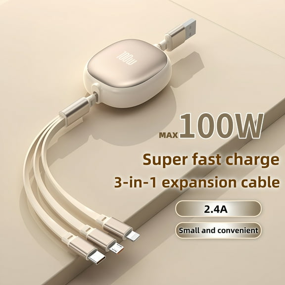 3-in-1 Retractable USB Charging Cable, 100W Fast Charging, Compatible with USB to C/Micro USB for iPhone 13/14/12/11/X, Huawei,, Data Sync at 480Mbps, USB Power Supply up to ≤36V