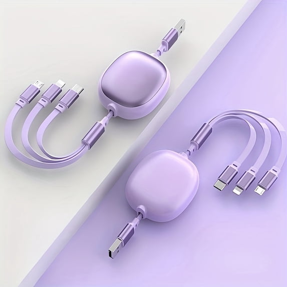 3-in-1 Retractable USB Charging Cable, 100W Fast Charging, Compatible with USB to C/Micro USB for iPhone 13/14/12/11/X, Huawei,, Data Sync at 480Mbps, USB Power Supply up to ≤36V