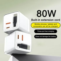3-in-1 Retractable Wall Charger with 80W Max Fast Charging, Built-in USB-C Cable and 2 USB Ports – PD & QC Compatible for Phones, Tablets, and Laptops