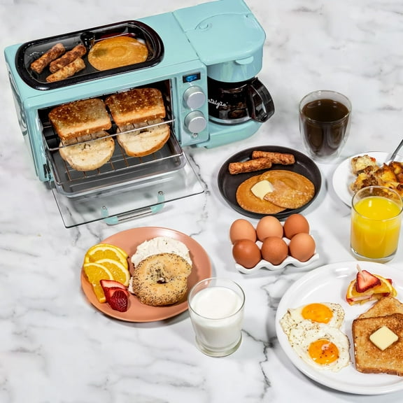 3-in-1 Retro Breakfast Station - , Modern Retro Style - 5-Cup Coffee Maker, Non-Stick Ceramic Griddle, 4-Slice Toaster Oven with Timer