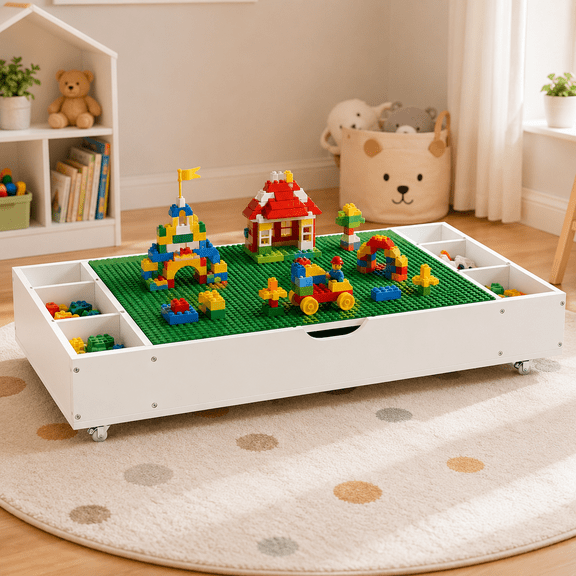 3-in-1 Reversible Kids Activity Table, Multifunctional Building Block Play Table Compatible with LEGO, Whiteboard & City Road Map Design, Play Furniture for Toddlers (White)