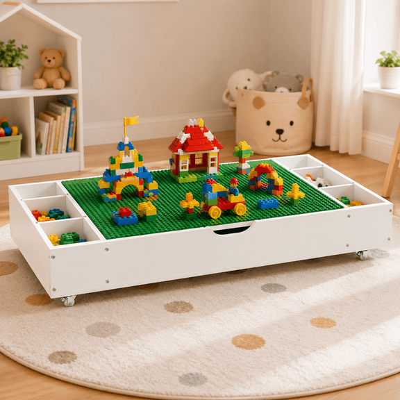 3-in-1 Reversible Kids Activity Table with Toy Storage, Compatible with Lego and Building Bricks, Whiteboard Play Table with City Road Map, Low-Profile Rolling Design for Under-Sofa or Bed Storage,