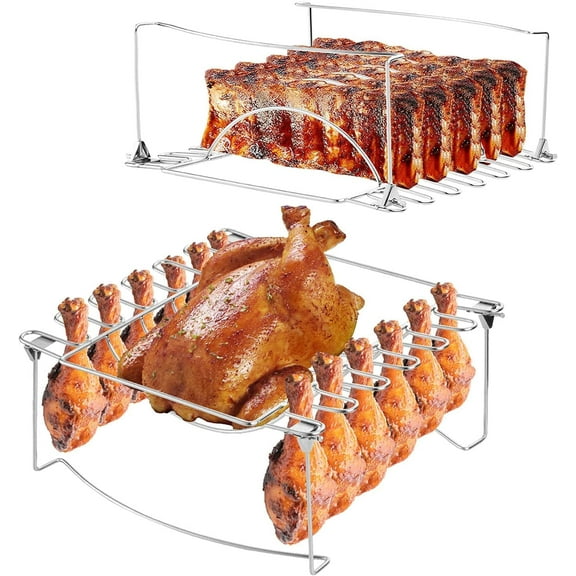 3-in-1 Rib Rack for Smoking & Chicken Leg Rack for Grill - Holds 6 Large Ribs, 12 Chicken Leg Wing, 1 Whole Chicken - Premium Foldable Space-Saving Chicken Drumstick Rib Racks for Grilling & Smoking