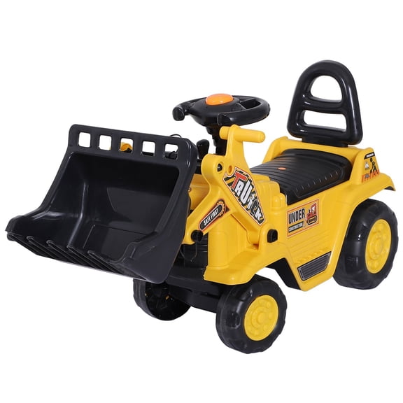 3-in-1 Ride On Bulldozer Digger Tractor with Pulling Cart, Pretend Play Construction Truck with Shovel & Under-Seat Storage, Yellow