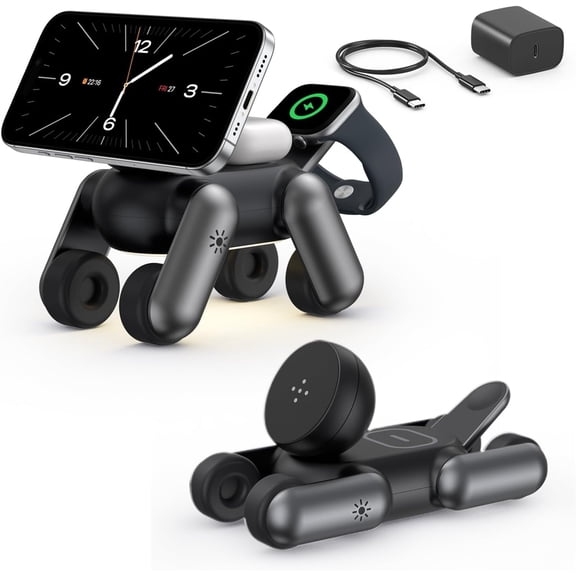 3-in-1 Wireless Charging Station Compatible with iPhone 12-17 Series, Apple Watch AirPods,Foldable 15W Fast Charger, Cute Robo-Dog Magnetic Charger Stand with Night Light & Travel-Friendly Design