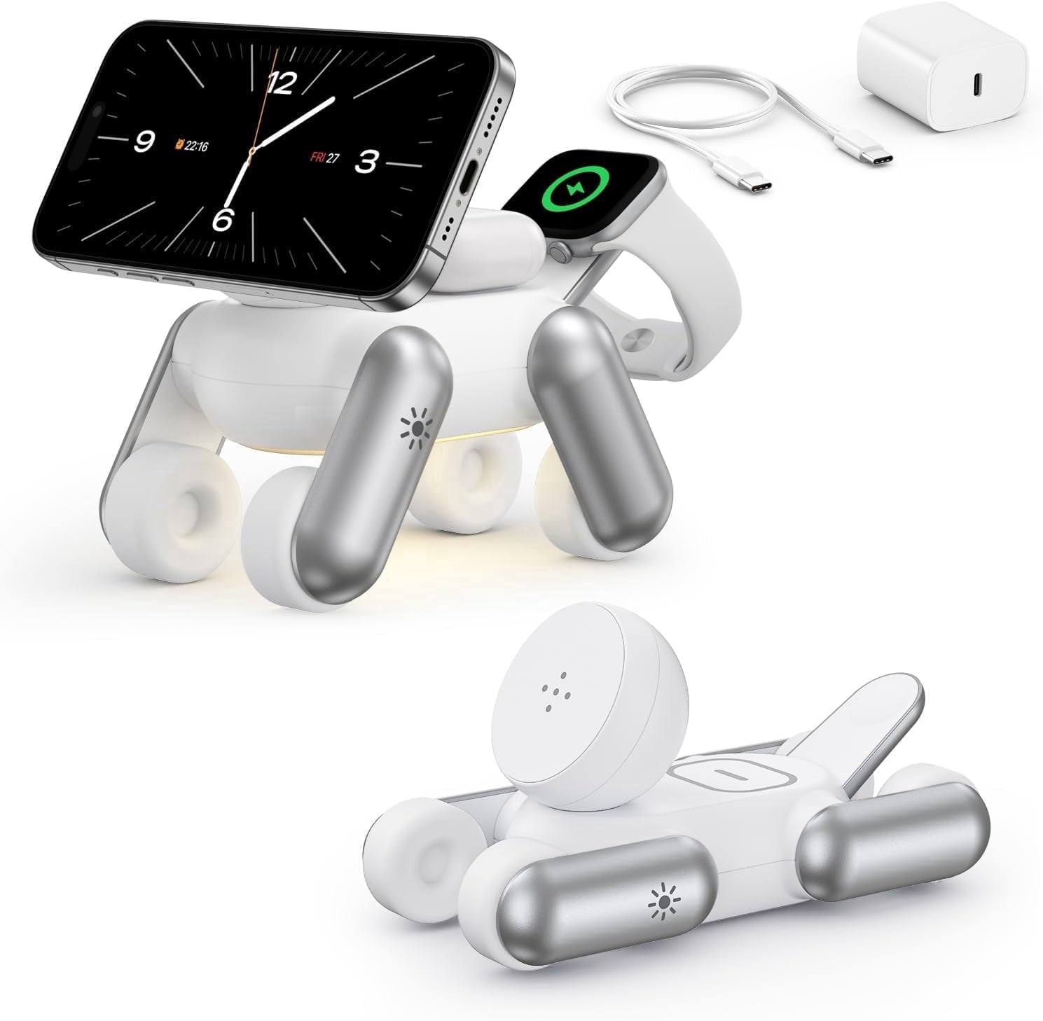3-in-1 Foldable Wireless Charging Station Compatible with Magsafe,15W Fast Magnetic Charger Stand for iPhone 12-17 Apple Watch AirPods, Travel-Friendly with Night Light (Robo-Dog Design)