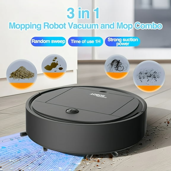 3-in-1 Robot Vacuum & Mop Combo - Strong Suction for Pet Hair, USB Rechargeable, 60min Runtime, Slim Low-Noise Design for Hard Floors/Daily Cleaning