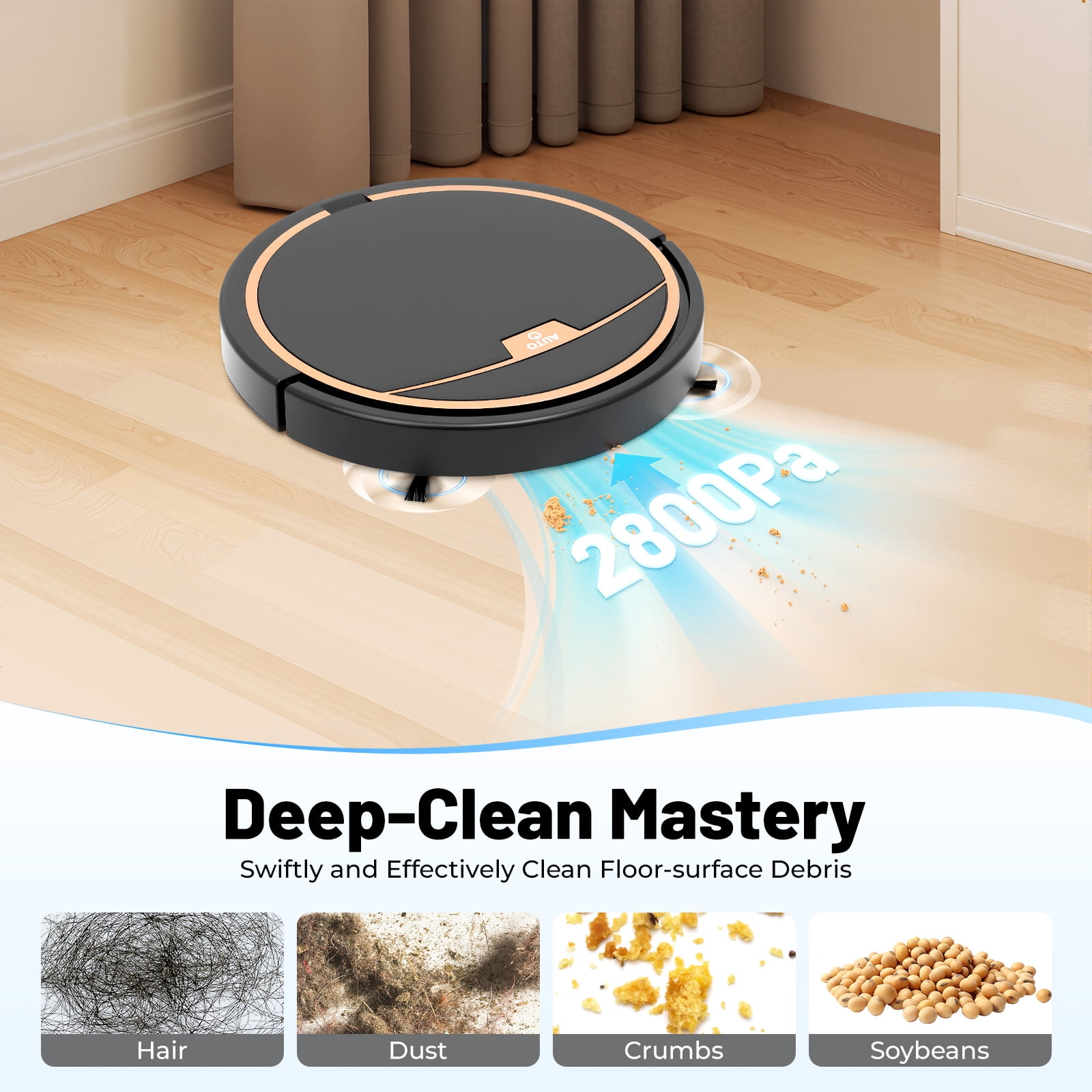 3-in-1 Robot Vacuum and Mop, 2800Pa Strong Suction, Smart LiDAR Navigation, Remote Control, 90-Minute Runtime, for Pet Hair, Carpets and More (Black)