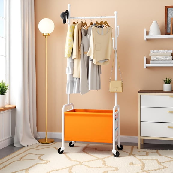 3-in-1 Rolling Clothes Rack with Wheels & Storage Basket, Cream White, 60cm for Bedroom, Closet, Living Room