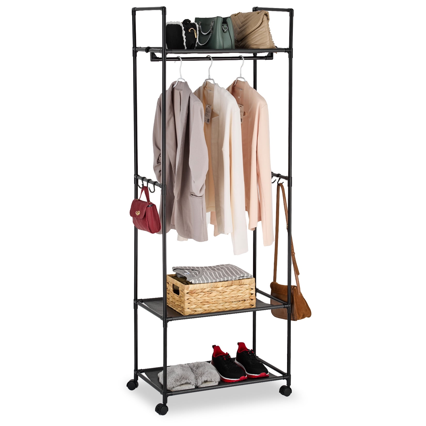Cloth Raks Fortable 3-in-1 Rolling Garment Rack – Portable Black Carbon Steel Closet ...