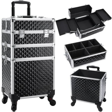 3 in 1 Rolling Makeup Train Case Large Cosmetic Trolley Box Lockable Salon Barber Case