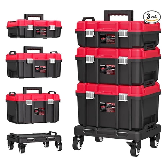 3-in-1 Rolling Tool Box with Wheels,Stackable Modular Tool Organizer System,17" Portable Waterproof Toolbox on Wheels for Garage,Mechanics and Home Repair (Red-Black)