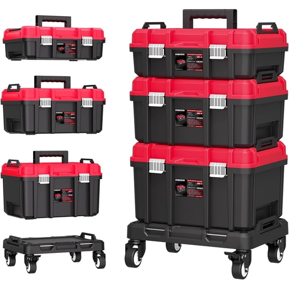 3-in-1 Rolling Tool Box with Wheels,Stackable Modular Tool Organizer System,17" Portable Waterproof Toolbox on Wheels for Garage,Mechanics and Home Repair (Red-Black)