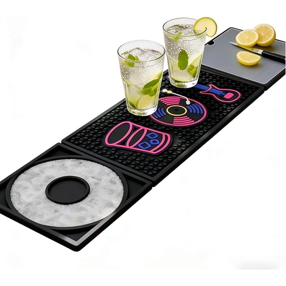 3-in-1 Rubber Bar Mat with Cutting Board, 24x6 Inch Non-Slip Bartender Mat for Cocktail, Bourbon, Home Bar, Kitchen Counter Protector