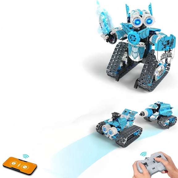 3in1 STEM Robot Building Kit, Remote Control Tracked Mechanical Construction Toy, 398 Pcs Interlocking Blocks Assembly Set, Birthday Holiday Gift for Boys Girls Ages 8+