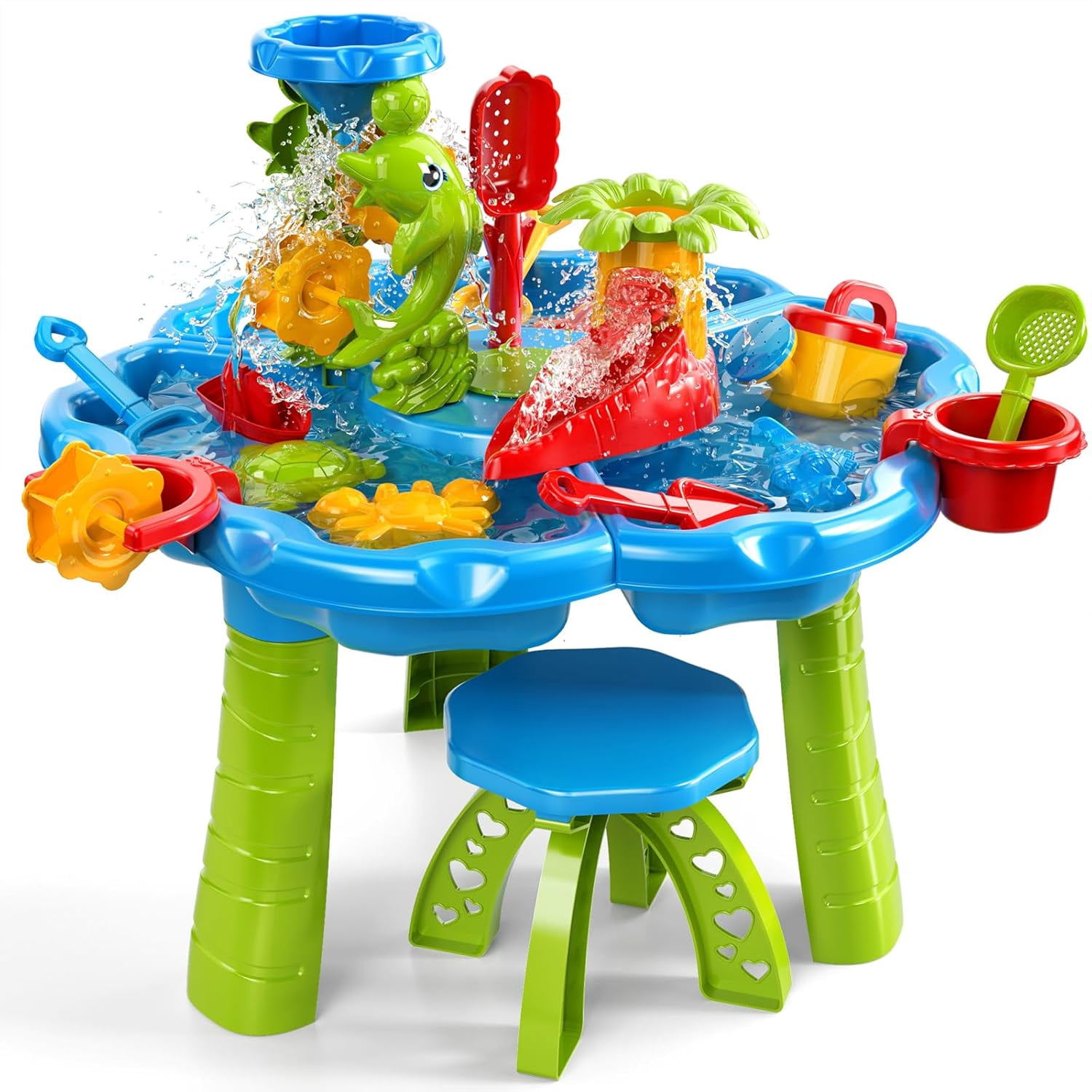 3-in-1 Sand Water Table, 28PCS Kids Beach Summer Toys Sensory Play Table with Dolphin Water Wheel, Molds, Bucket, Shovel for Toddlers Boys Girls