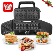 3 in 1 Sandwich Maker, 1200W Waffle Maker, Panini Press Grill, With 5-gear Temperature Control and Removable Plates ,Nonstick Surface, Black
