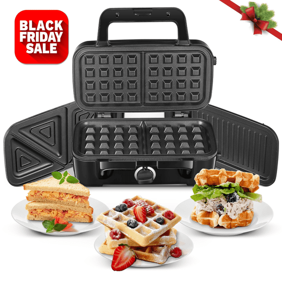 3 in 1 Sandwich Maker, 1200W Waffle Maker, Panini Press Grill, With 5-gear Temperature Control and Removable Plates ,Nonstick Surface, Black