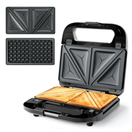 3-in-1 Sandwich & Waffle Maker, Removable Non-Stick Plates, 750W Electric Panini Press Grill with Cool-Touch Handle & LED Light, Easy Clean, Compact Design for Quick Breakfast