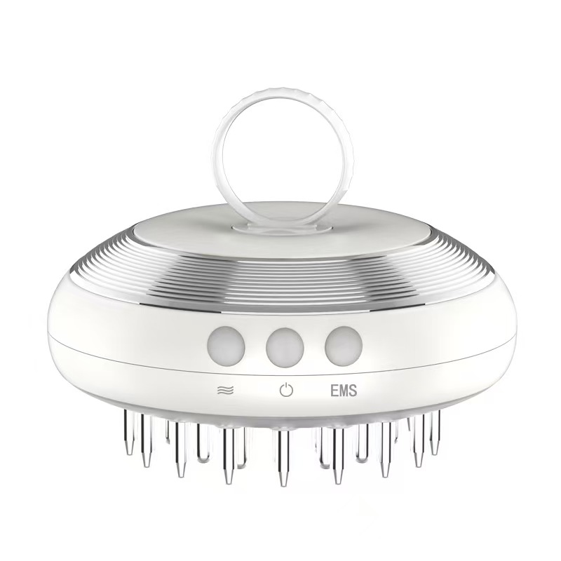 3-in-1 Scalp Massager with Red Light & Micro-Current, Vibrating Hair Care Tool for Soothing Scalp Relaxation and Serum Application,White & Silver