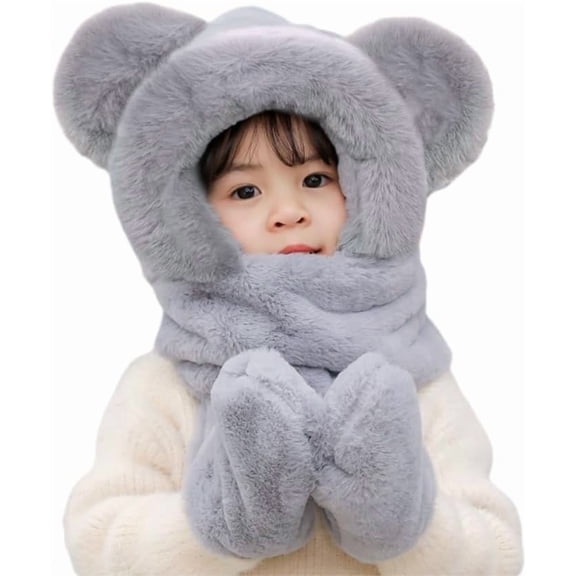 3-in-1 Scarf Gloves Hats Set Multi-Functional Cap for Kids - Faux Fur Hooded Hat with Scarf & Mittens, Cute Bear Design for Boys Girls Cold Weather Protection