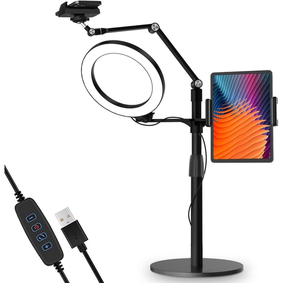 3-in-1 Selfie Desktop Live Stand, Height Adjustable/Overhead, 8" LED Ring Light, Compatible with 3.5-13" Tablet& Phone, Suitable for YouTube//Recording/Streaming/ Meeting-B