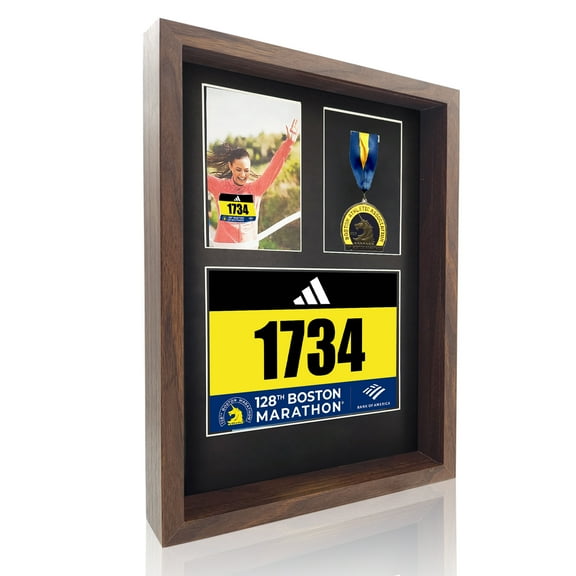 3 in 1 Shadow Box Display (Race Bib, Medal, Photo) -Walnut