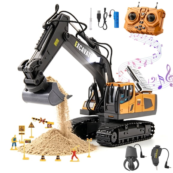 RC Excavator Toy for Kid, 3-in-1 Construction Truck with Metal Shovel, Drill, Gripper, 13 Channel Remote Control Excavator with Light Sounds & 680Rotating, 2.4GHz Full Functional Construction Vehic
