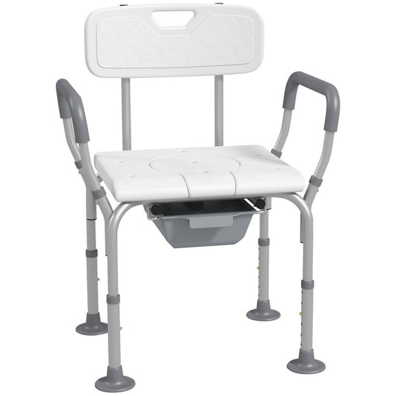 3-in-1 Shower Chair with Back and Arms, Height Adjustable Bedside Commode, Raised Toilet Seat with Non-Slip Rubber Foot Pad for Seniors, Disabled, White