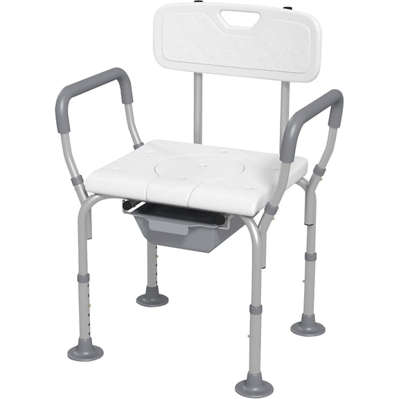 3-in-1 Shower Chair, Height Adjustable Bedside Commode with Back and Arms, Raised Toilet Seat with Non-Slip Rubber Foot Pad for Seniors, Disabled, White
