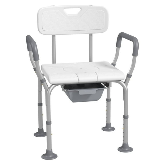 3-in-1 Shower Chair with Arms & Back - Adjustable Height, Bedside Commode, Non-Slip - 299lbs Capacity - White