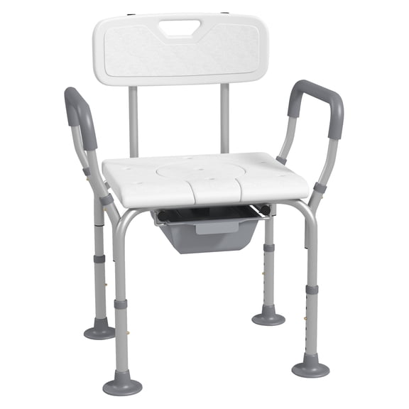 3-in-1 Shower Chair with Arms & Back, Height Adjustable Commode, Raised Toilet Seat for Seniors - White