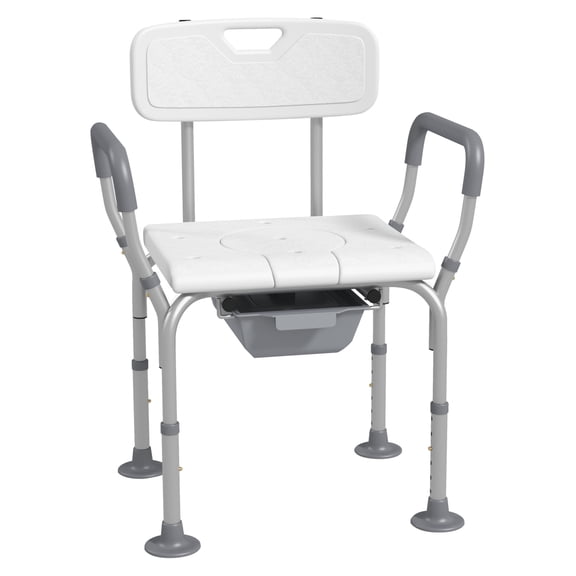 3-in-1 Shower Chair with Arms and Back, Height Adjustable Commode, Raised Toilet Seat for Seniors, White