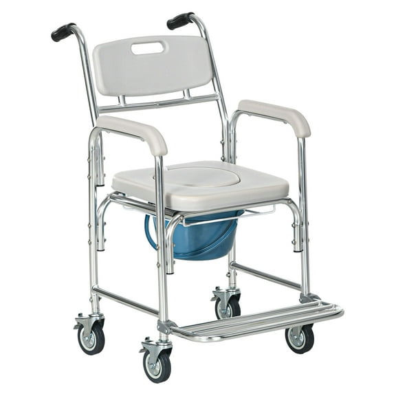 3-in-1 Shower Chair with Wheels, Transport Commode, Padded, 330lbs, Gray - Bedside Toilet Seat for Elderly & Disabled