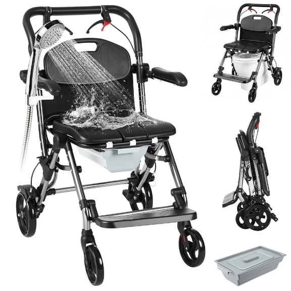 3-in-1 Shower Commode Wheelchair, Waterproof Rolling Over Toilet Chair 330 lbs. Weight Capacity with Padded Seat, Black