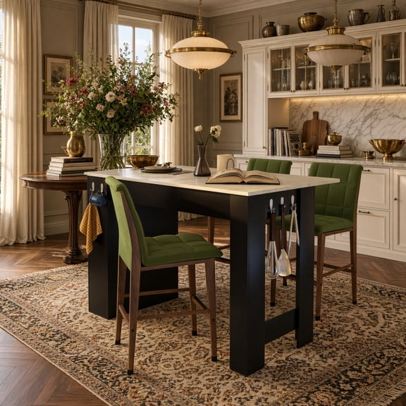 3-in-1 Sideboard with Foldable Tabletop, Marble Grain Top, 2-Door Storage, Dining Room, Black&Walnut
