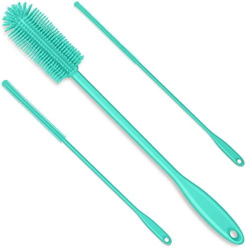 3-in-1 Silicone Bottle Brush and Straw Cleaning Brush Set, Water Bottle Cleaner for Narrow Neck Containers, Tumblers, Flask, Vase and Glassware (Teal)