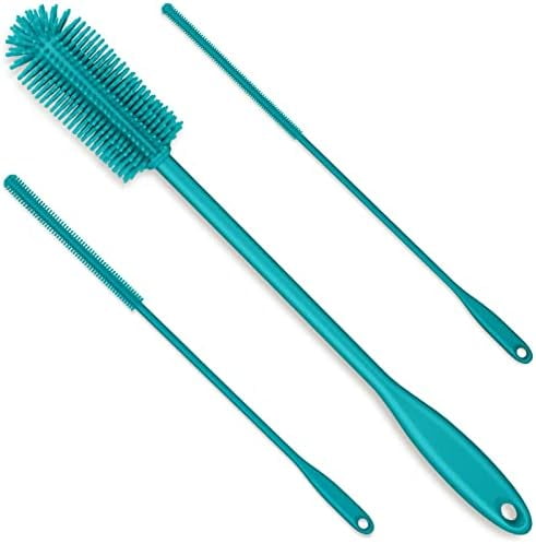 3-in-1 Silicone Bottle Brush and Straw Cleaning Brush Set, Water Bottle Cleaner for Narrow Neck Containers, Tumblers, Flask, Vase and Glassware (Turquoise)