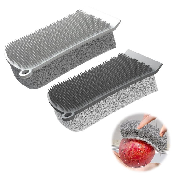 3-in-1 Silicone Dish Scrubber Double Sided Kitchen Cleaning Brush, Non-Scratch Bristles Absorbent Sponge with Built-in Squeegee, Hanging Hole Quick Dry Scrubber for Dishes Fruits Vegetables